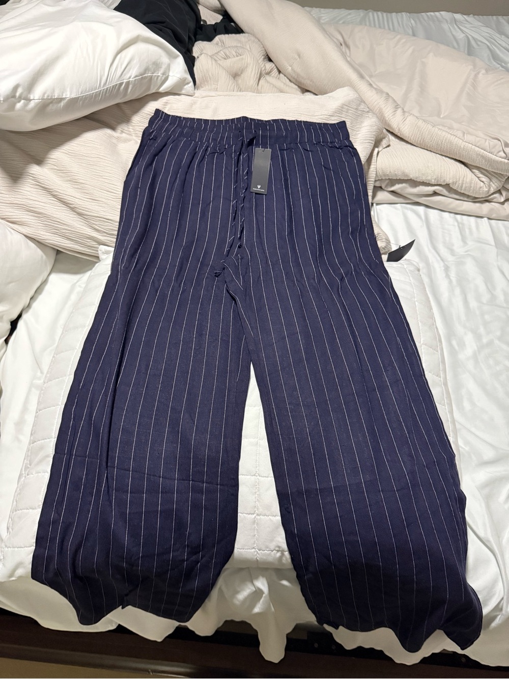Relaxed Pinstripe Drawstring Women’s Linen Pants - Navy